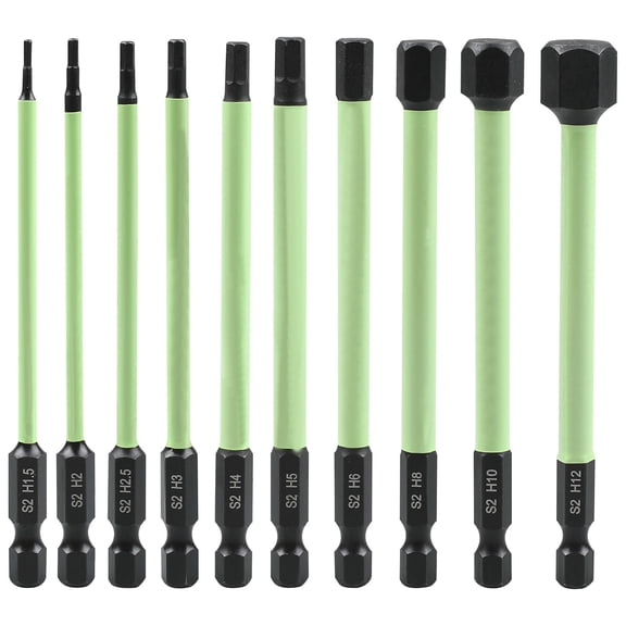 10Pcs S2 Alloy Steel 1/4-Inch Hex Head Allen Wrench Drill Bit Set Durable, Magnetic Tip, Precision Craft Hex Wrench, Green