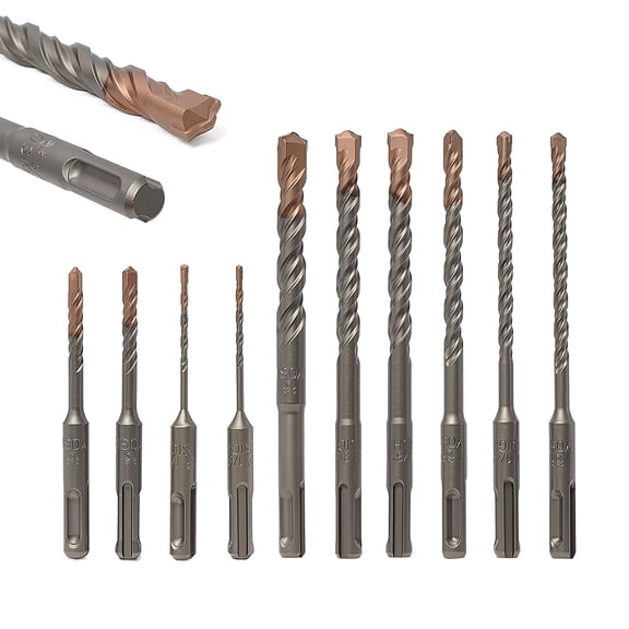 10Pcs SDS Plus Concrete Drill Bit Set Carbide-Tipped Masonry Bits (1/8", 1/4" x2, 5/16", 3/8", 1/2") Double Thread Copper-Plated Drill Bits for Concrete, Brick, Stone, Granite & Marble