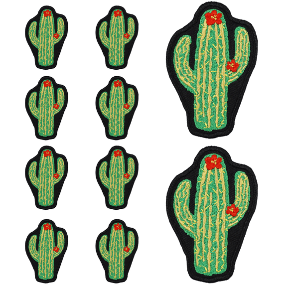 10Pcs Saguaro Cactus With Red Flowers Shape Embroidered Patch with Hook and Loop Backing, Western Desert Applique Badge for Vests, Jackets, Backpacks, and Clothing