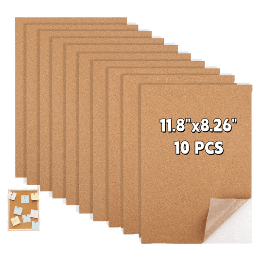 10Pcs Self-Adhesive Cork Sheet, Cork Sheet with Strong Adhesive Backingt for DIY Coasters, Wall Decor, Craft Projects, Insulation and Custom Crafts(11.8 X 8.26in, Brown)