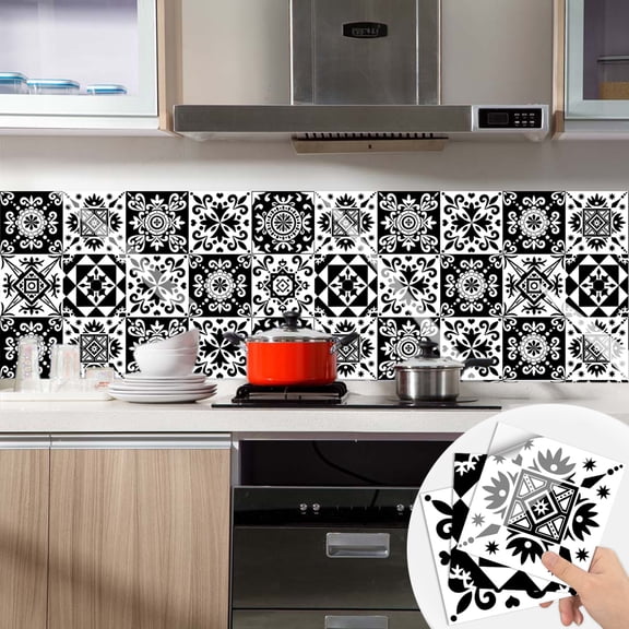 10Pcs Self-Adhesive Wall Stickers Wallpaper 6"x6" Waterproof Peel and Stick Vinyl Tiles Backsplash Black White Flower Pattern