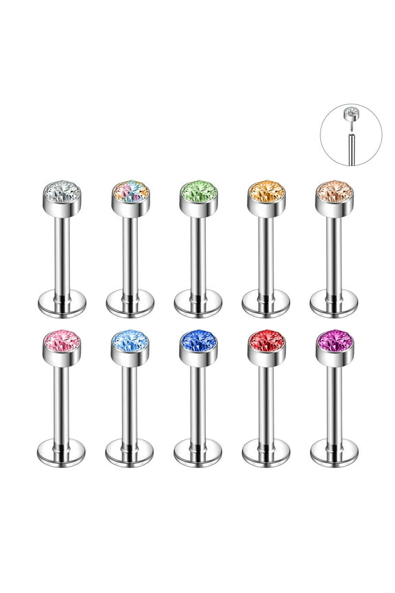 Labret Lip Studs Colorful Cubic Zirconia Stainless Steel 16G Body Piercing Jewelry, 10 Pieces