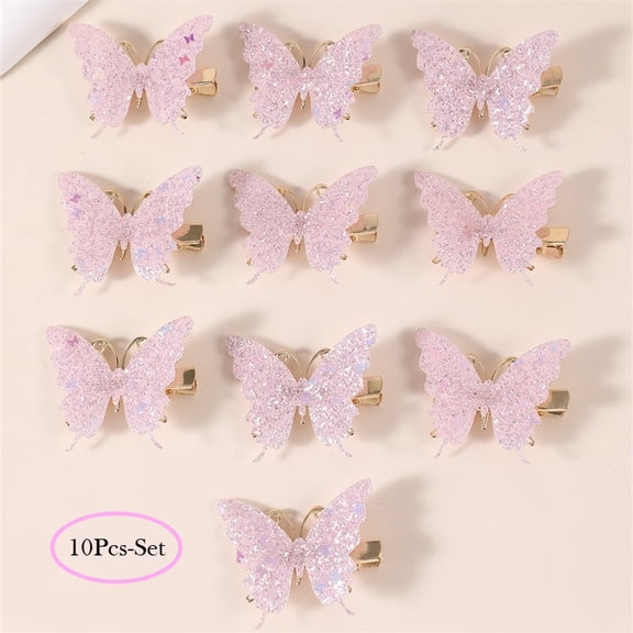 10Pcs Set Pink Sparkling Butterfly Hair Clip Children's Sparkling Hair Clip Girl Cute Styling Headwear Set Butterfly Hair Clip