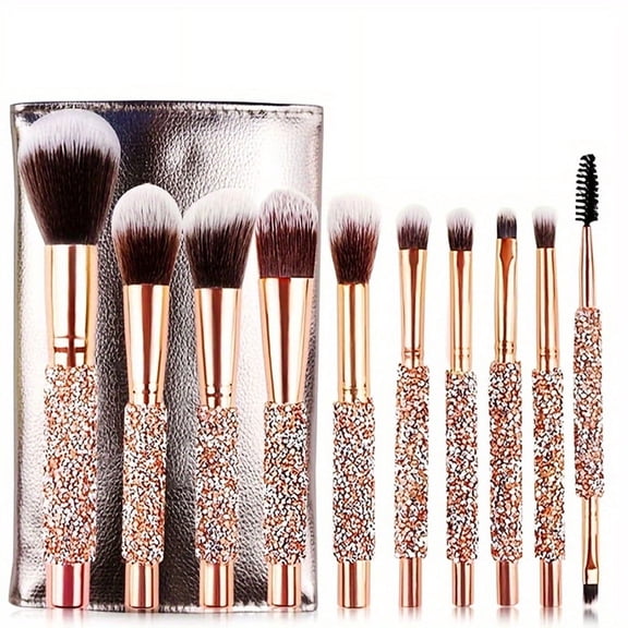 10Pcs Shiny Gold Rhinestone Makeup Brush Set, Portable Multifunctional Facial Tools for Women Beginners, Soft Cosmetic Accessories, Gift for Mom & Friends