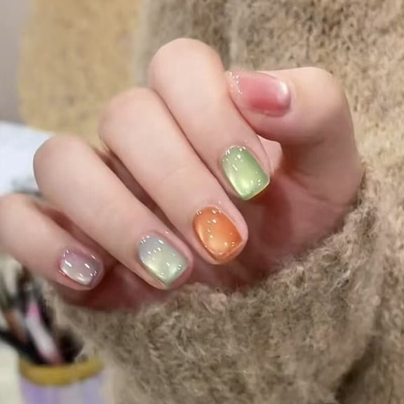 10Pcs Short Square False Press on Nails Colorful Energy Candy Tone Fake Nails