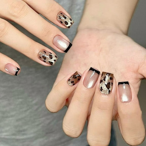 10Pcs Short Square False Press on Nails French Leopard Print Cat Eye Fake Nails