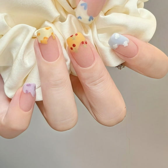 10Pcs Short Square False Press on Nails Sweet Heart Wave Candy Tone Fake Nails