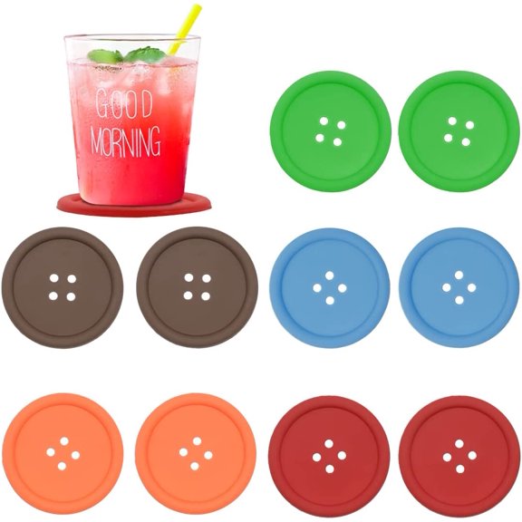 10Pcs Silicone Drink Coaster,Colorful Round Button Shaped Cup Cushion Holder,Coffee Drink Mat,Heat Insulation Pad with Deep Grooved and Non-Slip Placemat