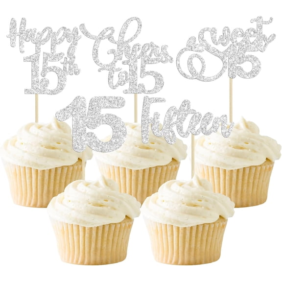 10Pcs Silver Glitter 15th Birthday Cupcake Toppers, Sweet 15 Picks for 15th Birthday Party Cake Decorations