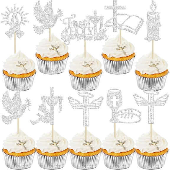 10Pcs Silver Glitter First Holy Communion Cupcake Toppers, Religious Symbols Picks for Baptism Party Cake Decorations