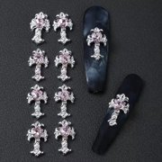 10Pcs Silvery Cross Nail Charms Pink Rhinestones 3D Nail Art Decor