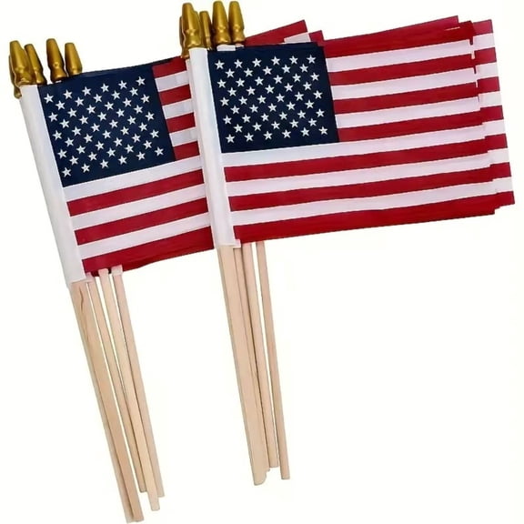 10Pcs Small American USA Flags on Wooden Stick Mini United States Flag Hand Held Flag Decorations,5x8 Inch (10Pcs)