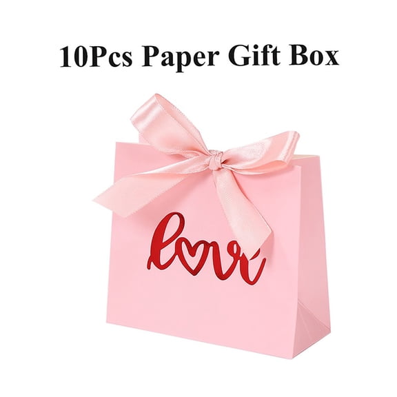 10Pcs Small Love Pattern Party Favor Bags Treat Boxes with Rose Red Bow Ribbon, Durable Pink Pattern Paper Gift Bags Bulk for Wedding Valentine's Day Business Party Supplies(Pink,4.5x1.7x3.9")