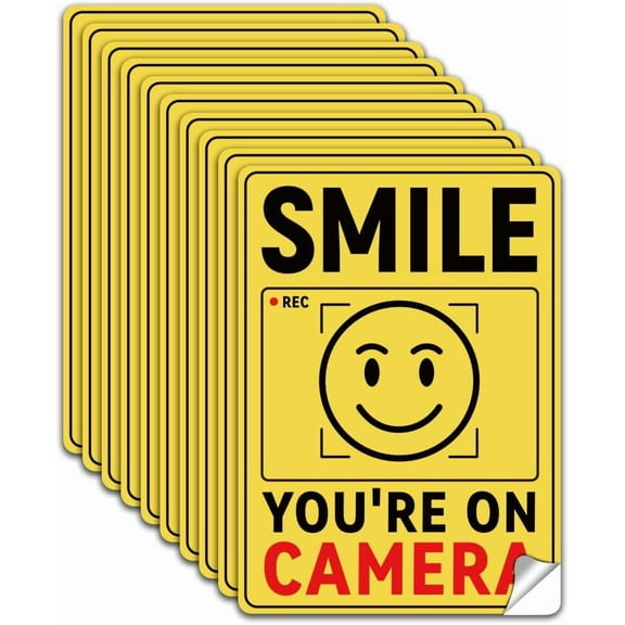 10Pcs Smile You're On Camera Sign Sticker PVC Waterproof Polite Video Surveillance Security Sign Stickers Decal for Business House Yard Self Adhesive Camera Sign Labels for Wall 5.1x7.1 Inch