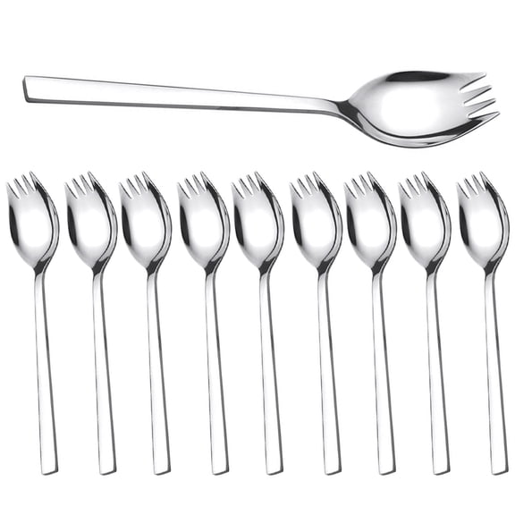 10Pcs Spork Camping Tableware Stainless Steel Spoon Fork Silverware Multipurpose Portable Noodle Fork for Dessert Ice Cream Salad