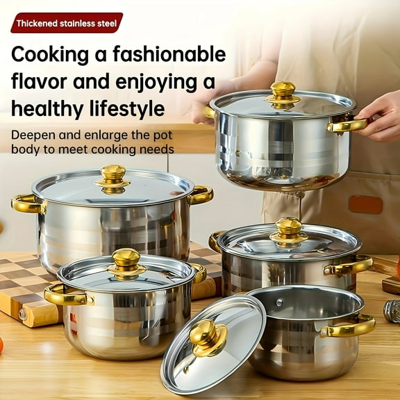 10Pcs Stainless Steel Cookware Set, 5 Pots with 5 Lids, Multi-Size Deep Stock Pot Set, Ideal for Home & Restaurant, Soup, Hot Pot, Noodle, Pasta & Seafood Cooking