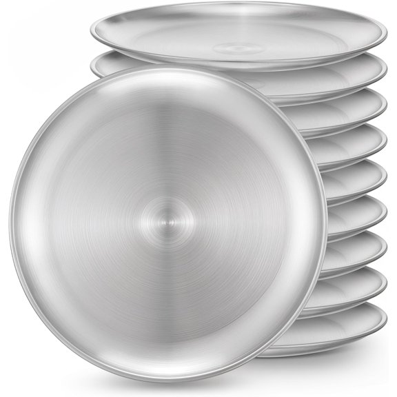 10Pcs Stainless Steel Dinner Plates, 10" Round Salad Plates, Serving Plate for Home Kichten, Outdoor Camping, Snack, Pizza and BBQ