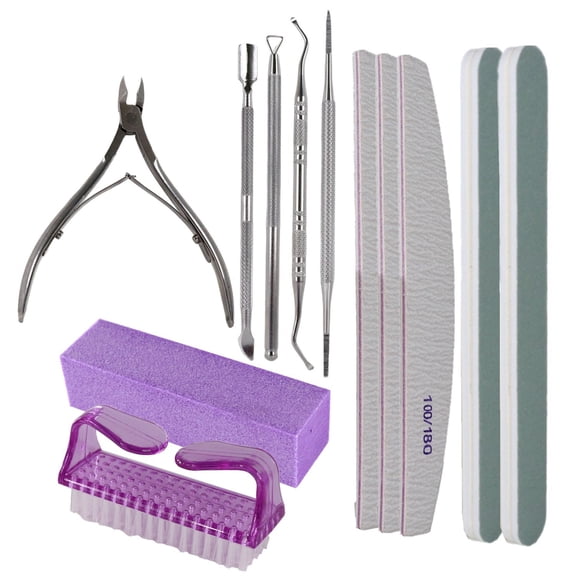 10Pcs Stainless Steel Manicure Pedicure Tool Set, Dual Grit Nail File Buffer Cuticle Tools, Portable Home Nail Care Kit for Women Gift