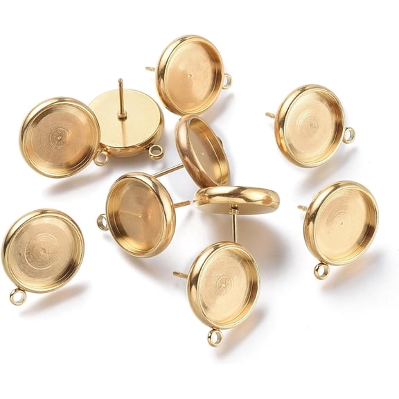 10Pcs Stainless Steel Stud Earring Cabochon Setting Flat Round Bezel Ear Studs Posts Golden Blank Tray Base