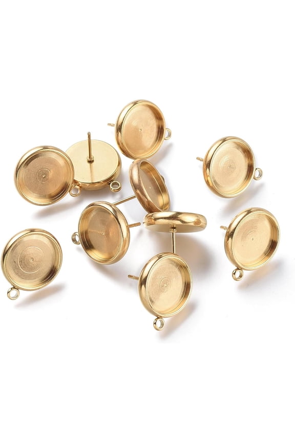 10Pcs Stainless Steel Stud Earring Cabochon Setting Flat Round Bezel Ear Studs Posts Golden Blank Tray Base
