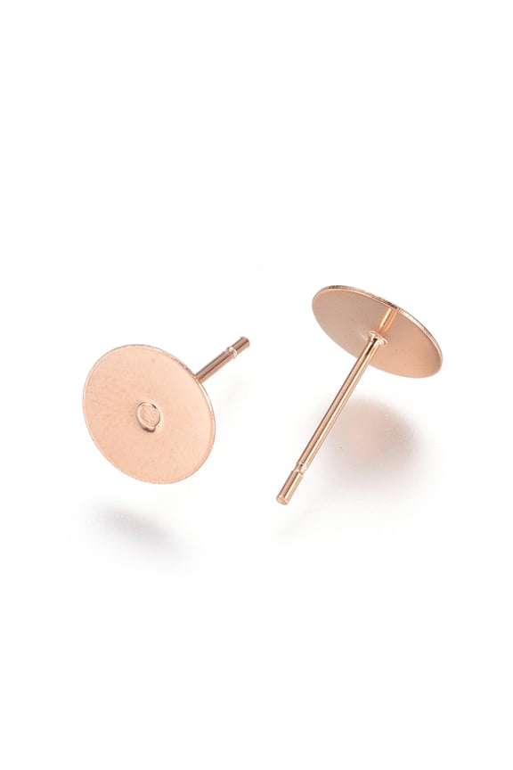 10Pcs Stainless Steel Stud Earring Findings Peg Stud Earrings Flat Round Ear Studs 8mm Rose Gold Blank Earring Posts Set Pin 0.7mm