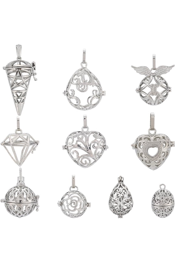 10Pcs Stone Holder Necklace Silver Locket Charms Bulk Cage Pendants Vintage Cage Locket Charms Perfume Diffuser Locket Pendants Ball Pendant Charms Women DIY Necklaces