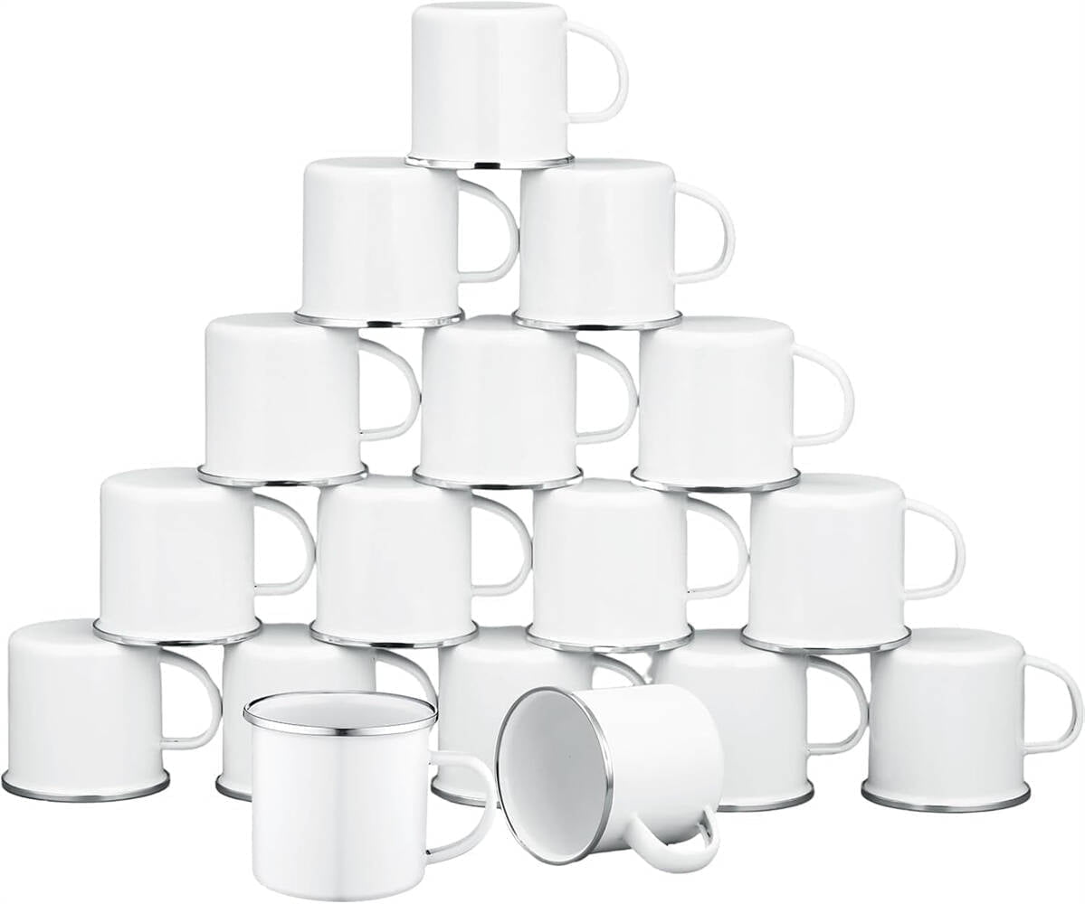 10Pcs Sublimation Blank White Enamel Mug 11 OZ Rim Camping Travel Coffee Cup Silver Metal Mug DIY Heat Transfer Print gift for Christmas