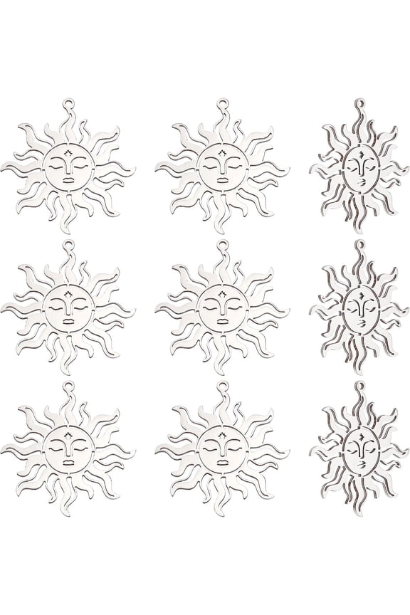 10Pcs Sun Face Charm Hollow Sun Charm Vintage Circle Coin Charm Textured Face Charm Stainless Steel Charms Dangle Jewelry Supplies Crafts Hole: 1.6mm 201 Stainless Steel