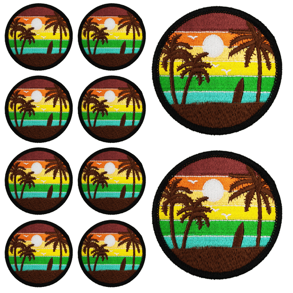 10Pcs Sunset Beach Palm Tree Round Embroidered Patch with Hook and Loop Backing, Retro Surf Ocean Applique Badge for Vests, Jackets, Backpacks, and Clothing