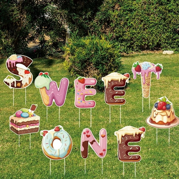 10Pcs Sweet One Yard Sign with 20 Stakes Dessert Theme Party Lawn Decorations Birthday Waterproof Sign Yard Outdoor Lawn Decorative Sign