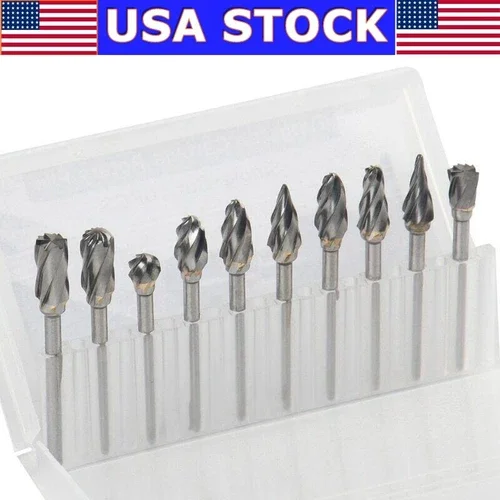 10Pcs Tct Carbide Burr Rotary Drill Bits Tools Cutter Files Set 1/8" Shank