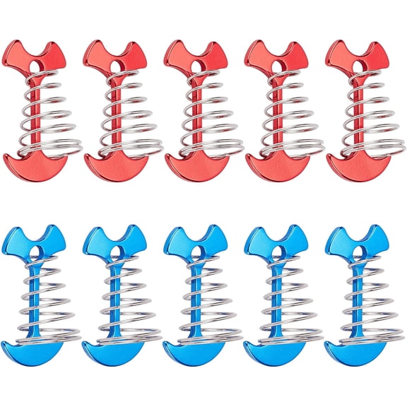 10Pcs Tent Spring Buckle Windproof Rope Tensioner Awning Fixed Hook Nail Fishbone Tent Stakes Spring Portable Camping Rope Deck Anchor Pegs for Outdoor Blue + Red