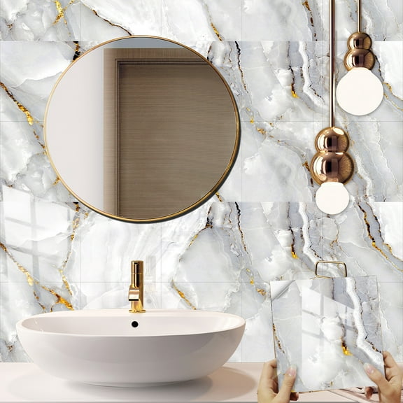 10Pcs Tile Stickers Wall Decor Kitchen Backsplash 6" x 6" Gray Gold Marbling Vinyl Decals Waterproof Peel and Stick Mural Wallapper