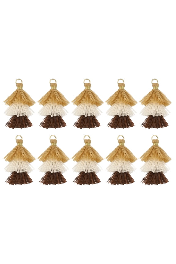 10Pcs Tiny Tri-Layered Tassel 1.6" Mini Tassel Bag Charm Bohemian Keychain for DIY Projects (Champagne Gold/White/Brown)