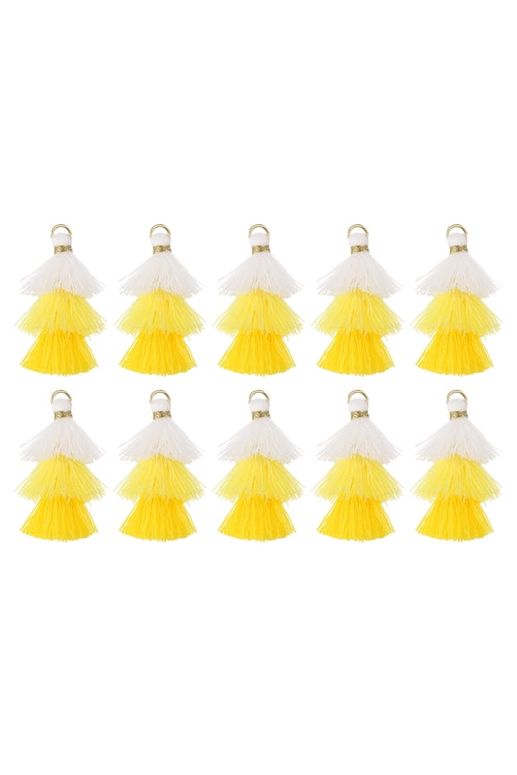 10Pcs Tiny Tri-Layered Tassel 1.6" Mini Tassel Bag Charm Bohemian Keychains for DIY Projects (White/Yellow/Light Yellow)