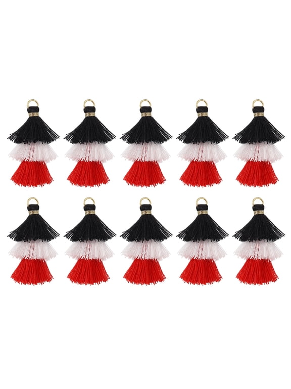 10Pcs Tiny Tri-Layered Tassels 1.6" Mini Tassel Bag Charm Bohemian Keychains for DIY Projects Black, White, Red