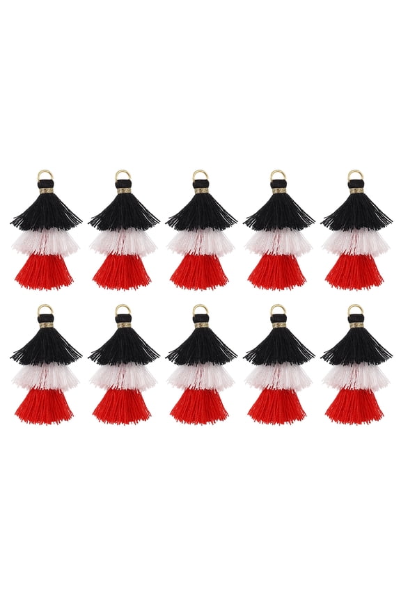 10Pcs Tiny Tri-Layered Tassels 1.6" Mini Tassel Bag Charm Bohemian Keychains for DIY Projects (Black/White/Red)