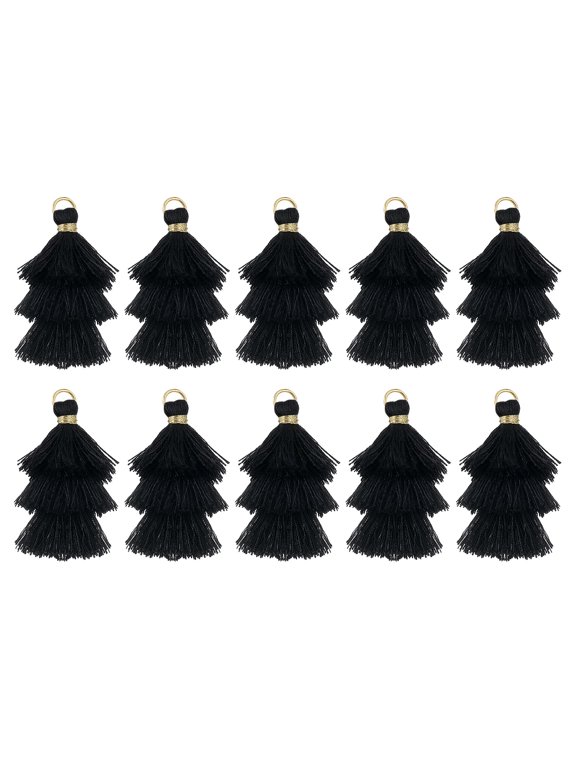 10Pcs Tiny Tri-Layered Tassels 1.6" Mini Tassel Bag Charm Bohemian Keychains for DIY Projects (Black)