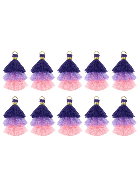 10Pcs Tiny Tri-Layered Tassels 1.6" Mini Tassel Bag Charm Bohemian Keychains for DIY Projects (Blue/Purple/Pink)