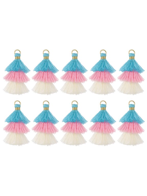 10Pcs Tiny Tri-Layered Tassels 1.6" Mini Tassel Bag Charm Bohemian Keychains for DIY Projects (Light Blue/Pink/White)