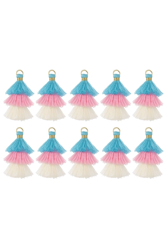 10Pcs Tiny Tri-Layered Tassels 1.6" Mini Tassel Bag Charm Bohemian Keychains for DIY Projects (Light Blue/Pink/White)