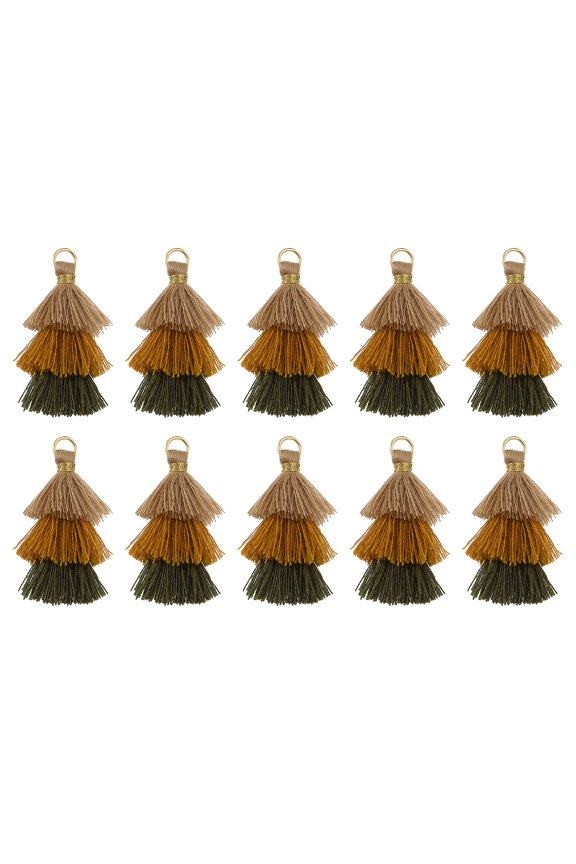 10Pcs Tiny Tri-Layered Tassels 1.6" Mini Tassel Bag Charm Bohemian Keychains for DIY Projects (Light Brown/Yellow/Green)