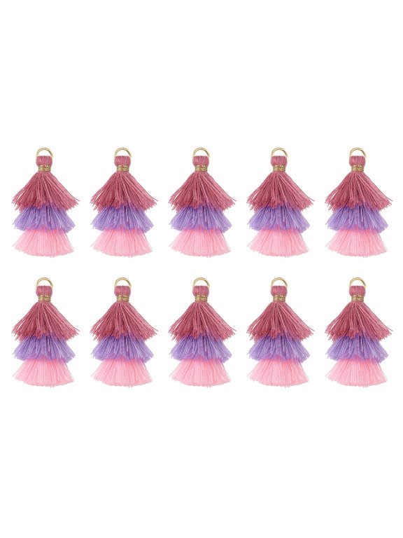 10Pcs Tiny Tri-Layered Tassels 1.6" Mini Tassel Bag Charm Bohemian Keychains for DIY Projects (Pink/Purple/Pink)