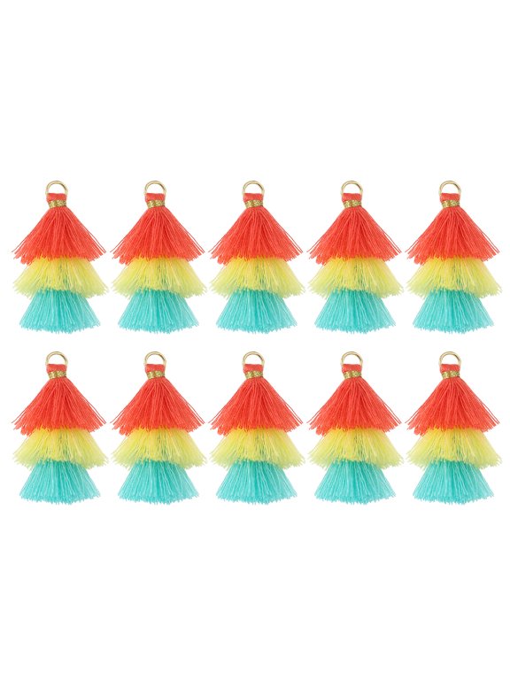 10Pcs Tiny Tri-Layered Tassels 1.6" Mini Tassel Bag Charm Bohemian Keychains for DIY Projects (Red/Light Yellow/Green)