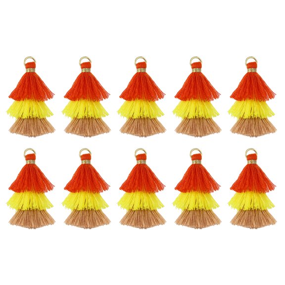 10Pcs Tiny Tri-Layered Tassels 1.6" Mini Tassel Bag Charm Bohemian Keychains for DIY Projects (Red/Yellow/Brown)