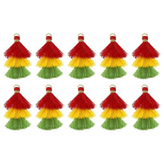10Pcs Tiny Tri-Layered Tassels 1.6" Mini Tassel Bag Charm Bohemian Keychains for DIY Projects (Red/Yellow/Green)