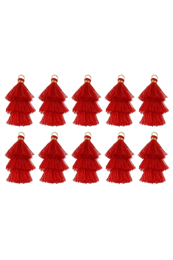 10Pcs Tiny Tri-Layered Tassels 1.6" Mini Tassel Bag Charm Bohemian Keychains for DIY Projects (Red)