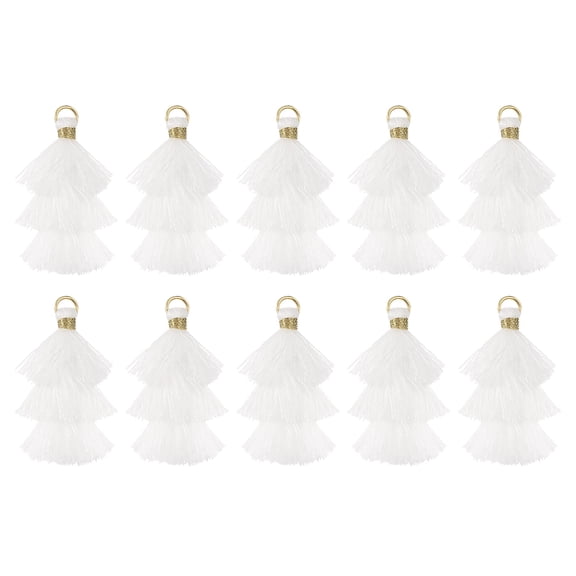 10Pcs Tiny Tri-Layered Tassels 1.6" Mini Tassel Bag Charm Bohemian Keychains for DIY Projects (White)