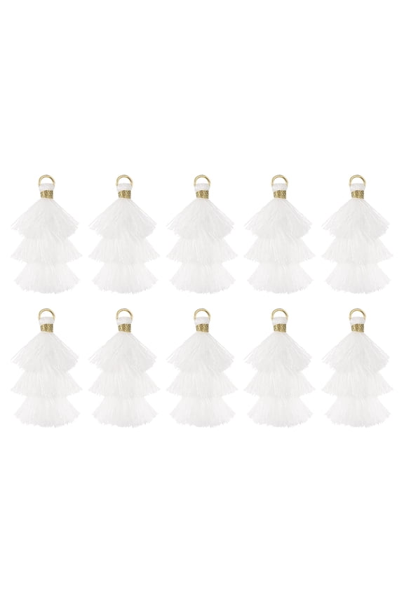 10Pcs Tiny Tri-Layered Tassels 1.6" Mini Tassel Bag Charm Bohemian Keychains for DIY Projects (White)