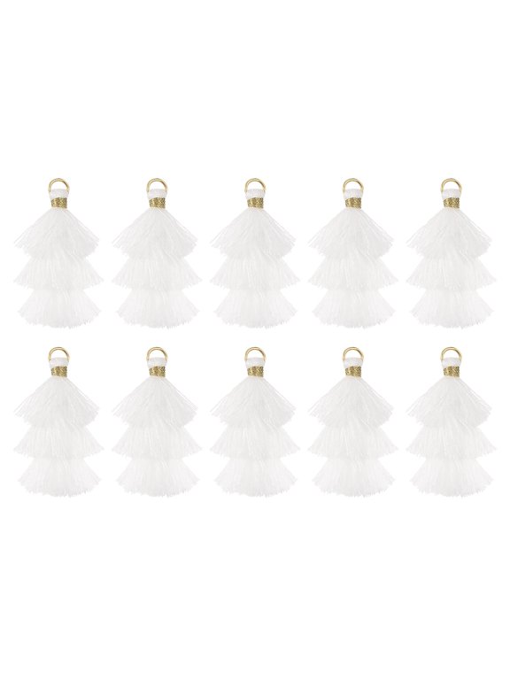 10Pcs Tiny Tri-Layered Tassels 1.6" Mini Tassel Bag Charm Bohemian Keychains for DIY Projects (White)